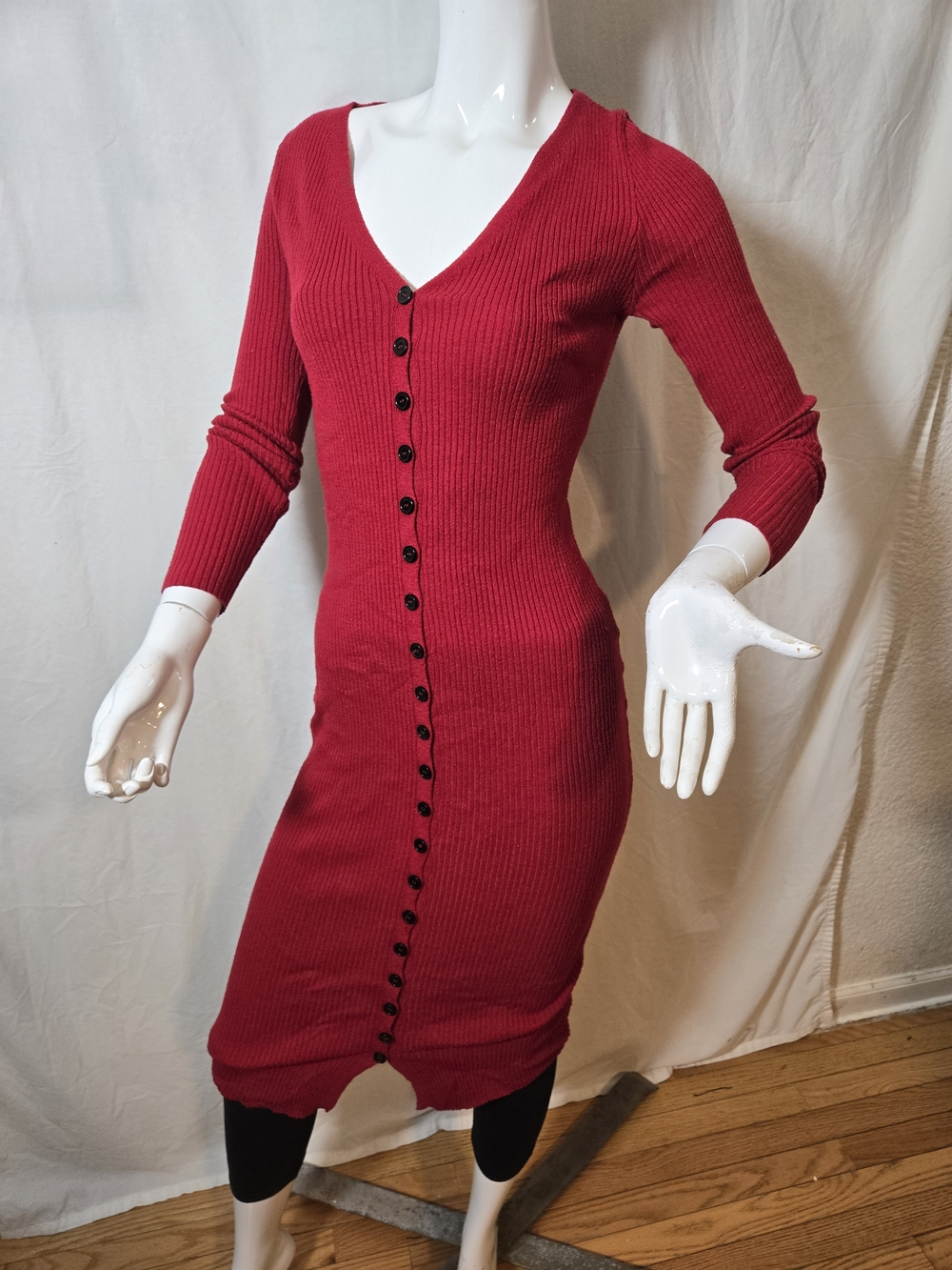 Forever 21 Red Ribbed V-Neck Button-Front Long Sleeve Dress